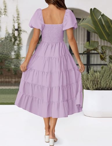 Image of ZESICA Women's 2026 Summer Puff Sleeve Midi Dress 2026 Boho Solid High Waist Flowy Beach Wedding Guest Long Dresses