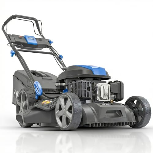 Hyundai 22 56cm Electric Start Self-Propelled Petrol Lawnmower Powerful 196cc 4-Stroke Engine Mulching & Discharge 70L Grass Box 8 Height Settings Black Edition
