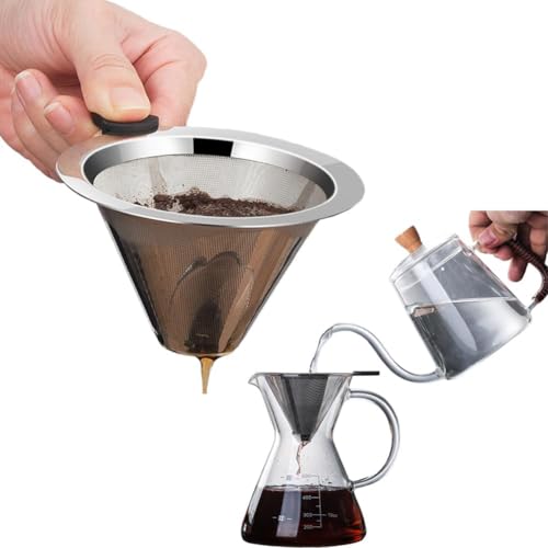 Image of Stainless Steel Coffee Dripper Reusable Filter with Handle, Paperless Pour Over Coffee Maker, Fine Mesh for Rich Natural Flavor, Eco-Friendly Durable Coffee Brewing Cone for Home & Travel