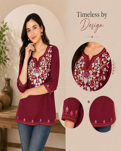 Image of Women's Gulnar Pure Cotton Kashmiri Embroidered A-line 3 /4 Cuff Sleeves Kurti | Short Kurta