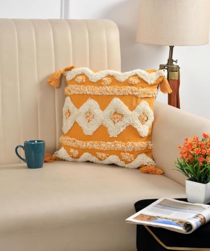 Best Decorative Cushion Covers: Cotton vs Velvet 66 Sdeco Mustard Yellow Tufted Cushion Cover with Tassels | Boho Dec...