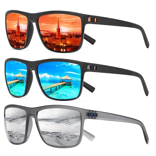 Square Polarized Sunglasses for Men and Women Lightweight Frame Sun Glasses with UV Protection A21 Black/Red+black/Blue+grey/Silver