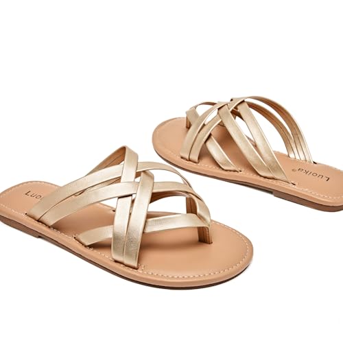 Image of Luoika Women's Wide Width Flat Sandals, Flip Flop Slides Sandal Casual Strapy Sandal Slip on Summer Beach Shoes for Women.