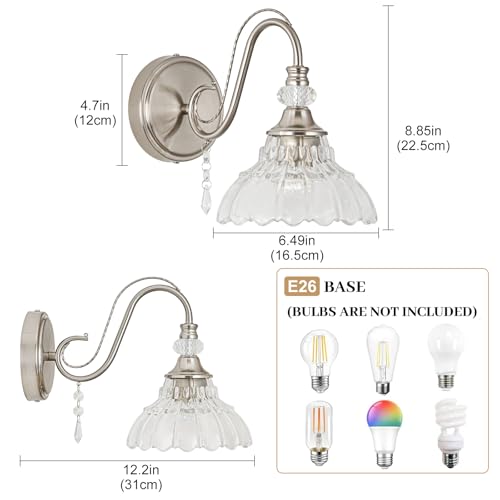 Image of 1 Piece Brushed Nickel Finish Wall Sconce, 1-Light Modern Wall Sconce with Hanging Crystal Accents and Flower-Shaped Clear Shades for Bathroom Bedroom Living Room,Modern Vanity Light