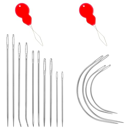 Xinjoduz 14 agujas de cuero, agujas de coser curvadas con enhebrador de agujas, juego de agujas de coser, accesorios de costura, herramienta de costura para tapicería de cuero, reparación de muebles