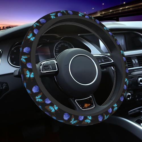 Blue Butterfly Steering Wheel Cover - Blue Rose Butterfly Steering Wheel Car Accessories Universal 15 Inch Steering Wheel Cover Women Men Anti Slip Breathable Wheel Cover Protector