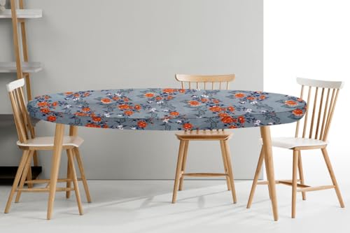 Image of The Furnishing Tree Elastic Oval Dining Table Cover WxL 42x72 in Inches Polyester Floral Pattern Blue
