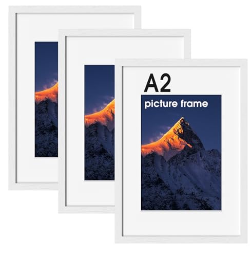 Image of 3 Pack A2 Picture Frame, A2 Frames 42 x 59,4cm,White Wood And Plexiglass Photo Frame,A2 Frame with A3 Mount, Picture Frames For Wall Display Or Tabletop Display