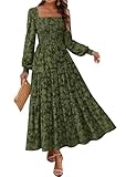 KIRUNDO Wedding Guest Dresses for Women Spring 2026 Long Sleeve Smocked Floral Flowy A Line Boho Maxi Dress Fashion Clothing (Army Green, Medium)