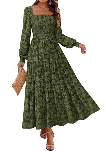 KIRUNDO Wedding Guest Dresses for Women Spring 2026 Long Sleeve Smocked Floral Flowy A Line Boho Maxi Dress Fashion Clothing (Army Green, Medium)