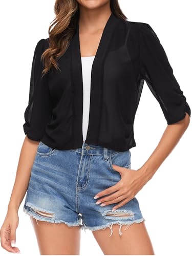 Famrrifuu Bolero Mujer Gasa Festiva Chaqueta de Hombro Media Manga Elegante Cardigan Corto Ligero Delgado Bolero, Negro , M
