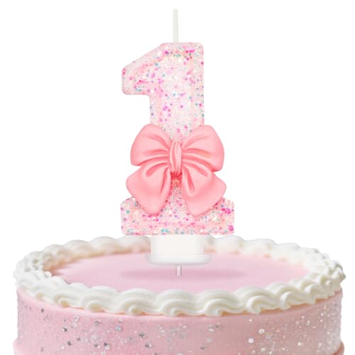 Pink Bow Birthday Candles Number 1 Candle Cake Topper for Birthday Party Cupcake Decoration Boys and Girls Theme Party Supplies