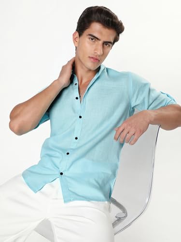 Image of Urbano Fashion Men's Linen Blend Full Sleeve Relaxed Fit Mandarin Collar Casual Solid Shirt