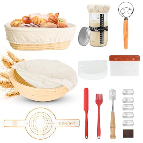 BUCOMTU Set de panadería 10 piezas, Banneton para Pan redondo 23 cm y ovalado 25 cm, frasco de fermentación 730 ml y accesorios, para pan crujiente, ideal para principiantes y expertos