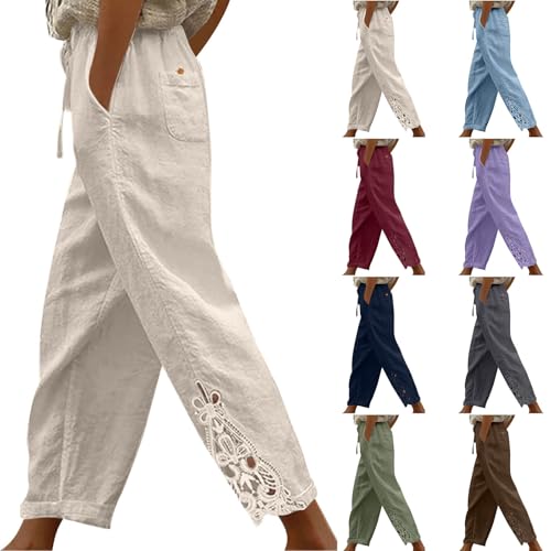 Women Capri Pants Summer 2026 Lace Embroidery Bottom Drawstring High Waist Linen Crop Trouser Beach Vacation Outfit