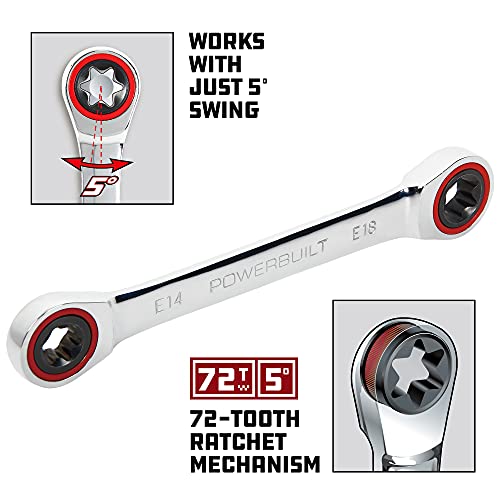 Image of Powerbuilt E14 /E18 Ratcheting Double Box-End E-Torx E-Star Wrench, 72-Tooth Ratcheting Wrench with 5-Degree Swing for Tight Spaces - 641761
