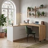 Ligterra Faltbarer Schreibtisch, Schreibtisch mit Schubladen, Eckschreibtisch, Sideboard, mit Feststellbaren Rollen, Drehbare Tischplatte, Fest Arretierbar, 120×50×76.5cm (Weiß+Eiche)