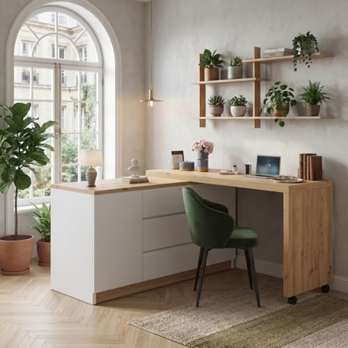 Ligterra Escritorio plegable, Escritorio con cajones, Escritorio de esquina, aparador, con ruedas con bloqueo, tablero giratorio, bloqueo fijo, 120 × 50 × 76,5 cm (blanco+roble)