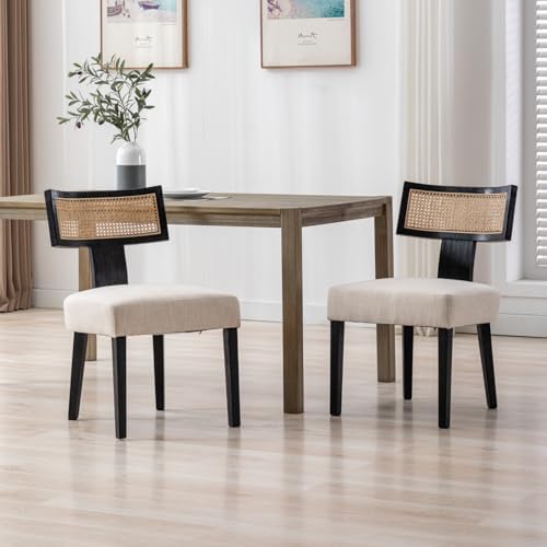 chairus Lot de 2 Chaises de Salle à Manger Rembourrées en Bois sans Accoudoirs Chaise de Cuisine avec Dossier en Rotin (Noir)