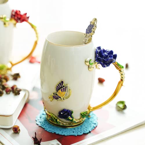 Xícara de chá KUKIXO com borboleta de flor rosa, canecas de café para mulheres de cerâmica com colhe