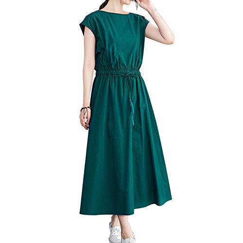 ASCOBO ワンピース レディース ロングドレス 無地 綿麻混 チュニック マキシワンピース ハイウエスト Aライン 上品 体型カバー 着痩せ 通勤 旅行 夏