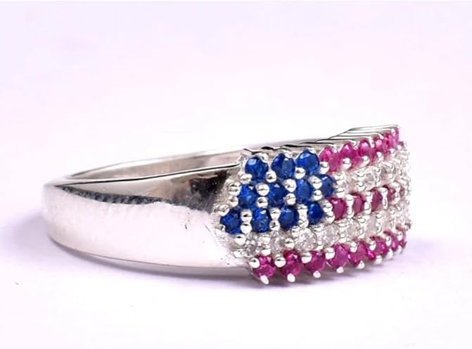 Vintage American Flag Style Birthstone Patriotic Rings For Women 14K Yellow Gold Plated 925 Sterling Silver Handmade 2 Ct Round Cut Diamond Art Deco USA Flag Jewelry Gorgeous Gift For Her