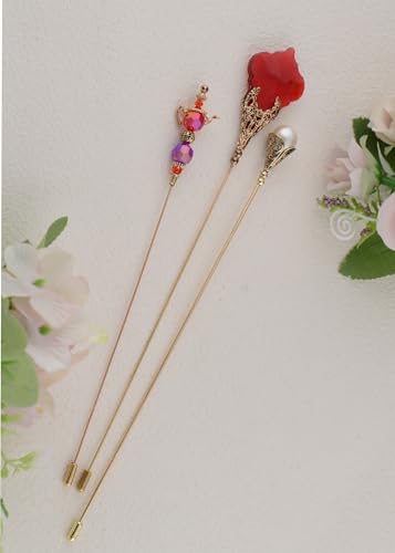 Image of Alilang Magic Lamp Pearl Lady Camo Rose Heart Rhinestones 3Pcs Vintage Long Handle Hat and Lapel Pins with Flexible Bendable Design