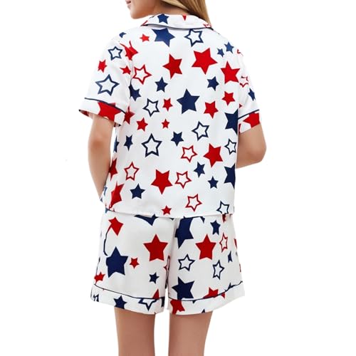 Image of Piacakece 4th of July Women Outfit Short Sleeve Button Shirt Matching Shorts Satin Pajama Sets Women July Fourth Clothes