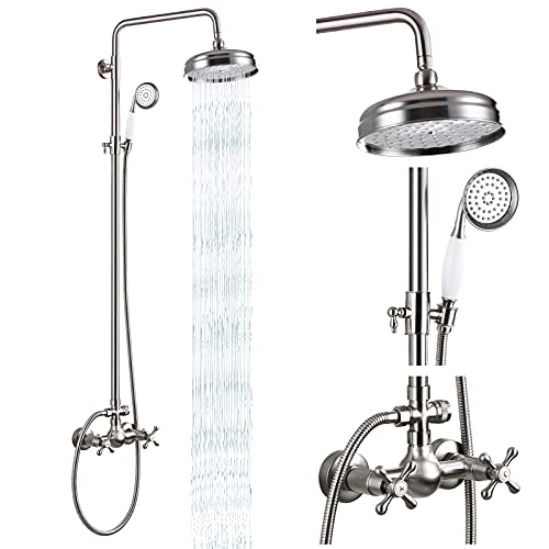 Brushed Nickel Exposed Shower System Fixture Set 8 Rain Shower Head 2 Double Knobs Cross Handle Shower Faucet Combo System Unit Set Dual Function Brass(No Tub Spout) … #TOP12