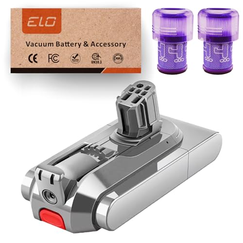 ELO Dyson V12 Replacement Battery and Filter 3000mAh Click-in for Detect Slim, Absolute, Fluffy, SV30, SV46, 25.2V, Part 965470-01, 60min ECO Runtime, BMS Protection, Does Not Fit SV12 or V10