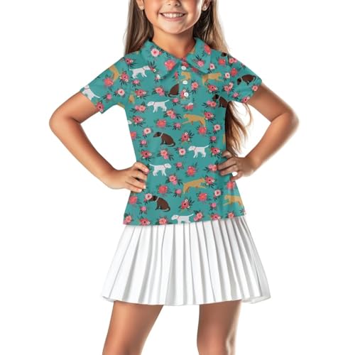 Girls Short Sleeve Golf Shirts Button Up V Neck Tennis Shirts Quick Dry Athletic Tank Tops for Age 5-16 Years