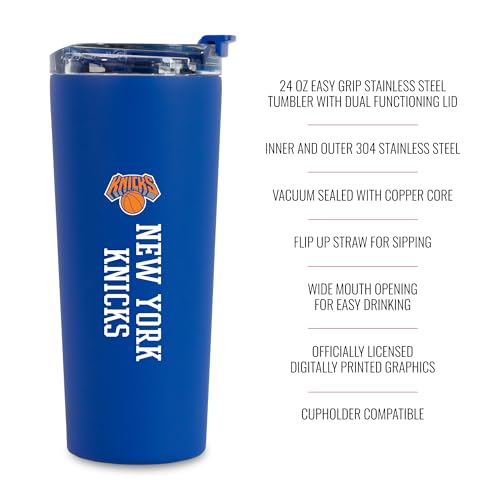 Image of Rico Industries NBA Basketball New York Knicks Royal Blue 24oz Stainless Steel Tumbler with Lid and Dual Functioning Lid