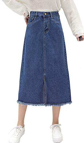 chouyatou Women's Mid-Calf Frayed Raw Hem Front Slit A-Line Midi Denim Jean Skirt