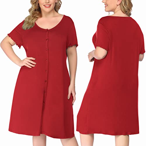 Image of Ekouaer Women's Nightshirt Short Sleeve Button Down Nightgown V-Neck Sleepwear Pajama Dress