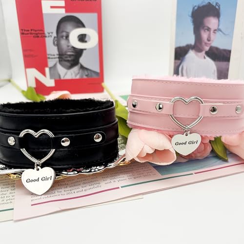 paloli Furry Heart Leather Choker Collar for Women – Personalized Engraved Heart Pendant, Handmade Adjustable Faux Fur Necklace, Cute Gothic Fashion Jewelry4