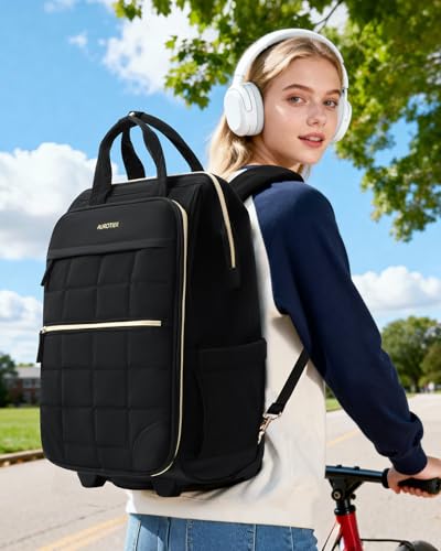 Rolling Puffer Backpack for Women, Wheeled Laptop Backpack, Short-Term Travel Backpack with Wheels, Roller Adults Work Computer Bag, Water Resistant Overnight College Underseat Carry on Luggage, Black - Image 3