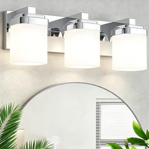 Image of 17 Inchs Bathroom Vanity Light, 3-Light Chrome Bathroom Light Fixtures Over Mirror, Bathroom Light Shower Lamp with Milky White Square Glass Shade, Modern Farmhouse Lighting Fixtures