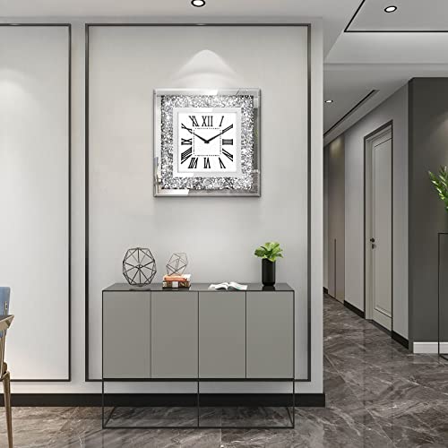 Hoibai Clocks For Living Room Decor Modern Silver Crystal Diamond Clock Large Mirror Deorative Wall Clock For Living Room, Bedroom, Kitchen, Dinning Room, Wall Decoration, Home Decor (Square,13 Inch) #TOP2