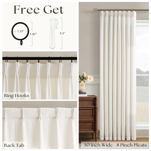 Image of Thick Linen Semi Sheer Curtains 96 Inches Long Pinch Pleated Cream | Track, Living Room Bedroom, Light Filtering, Textured, 96 Length, Hooks Rings, Back Tab, for Sliding Door, 1 Panel , Natural