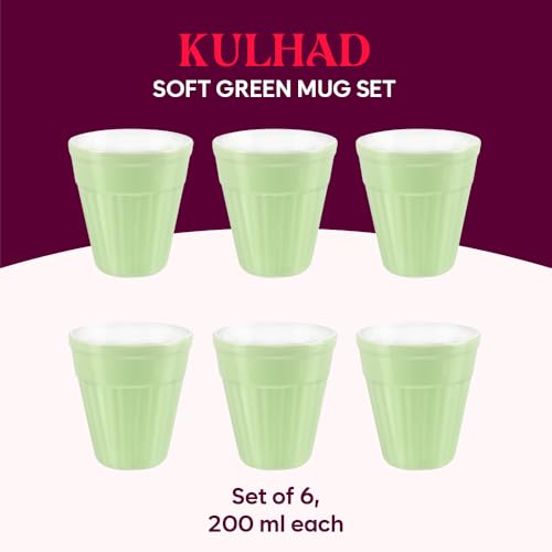 Image of Larah by BOROSIL 200ml 6pc Soft Green Tea /Coffee Opalware Kulhad Set | Microwave & Dishwasher Safe | Bone-Ash Free | Crockery Set Ideal for Daily Use & Gifting | Multicolor (Green)