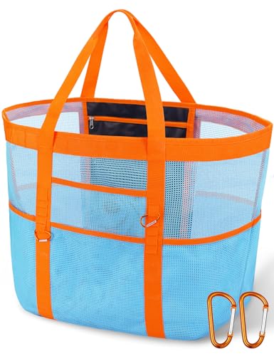 Stylish & Spacious XX-Large Beach Bag for Women – 12 Pockets, Foldable & Lightweight Mesh Tote, Includes 2 Carabiners