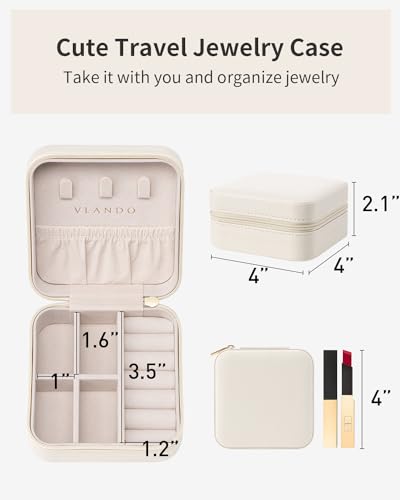 Vlando Wedding Gifts - PU Leather Small Jewelry Travel Organizer, Travel Jewelry Case for Ring, Mini Jewelry Box for Earring, Necklace, Bracelet Milky White