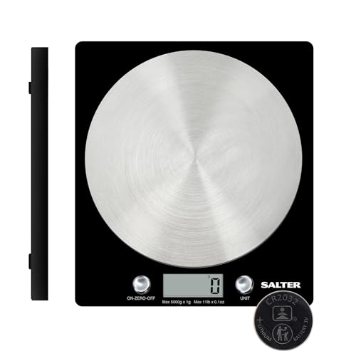 Salter 1036 BKSSDR Digital Kitchen Scale Cooking & Baking Scales for Food Weight Stainless Steel Weighing Platform 5KG Capacity Tare Function Large LCD Easy Read Display Measure Liquids Black