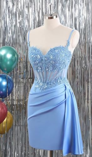 Spaghetti Straps Short Homecoming Dresses for Teens Satin Lace Applique Prom Cocktail Dress HO303