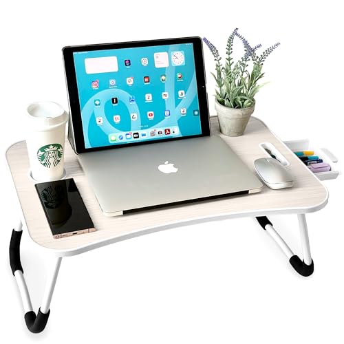 unycos - Bandeja para Cama, Mesa Plegable de Desayuno, Multiusos, Ideal para Portátil, Ordenador y Libros, Ergonómica, Mesa Auxiliar con Atril para Leer en la Cama 60x40x26 cm (Blanco Hueso con Cajón)