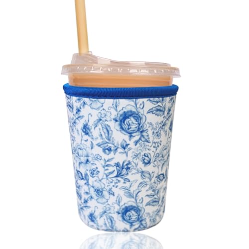 Image of Reusable Insulated Sleeve for Iced Coffee Cup, Coffee Neoprene Sleeve for Cold & Hot Drinks, Beverage Holder for Iced Coffee (Vintage Blossoms, Small: 16-18oz)