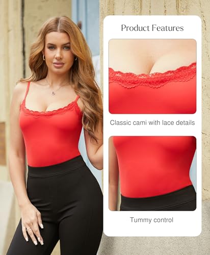 Image of Popilush Lace Body Suits Women - Square Neck Sleeveless Thong Bodysuit Tummy Conotrol Double Lined Camisole Tank Tops