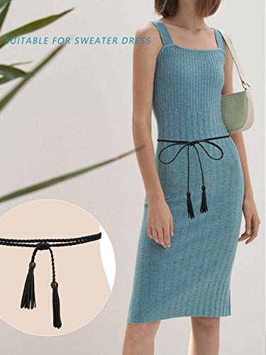 Women Waist Belt Pu Leather Waist Chain/Rope With Tassel Beads Vintage Style 57 Inch, Black, Large #TOP3