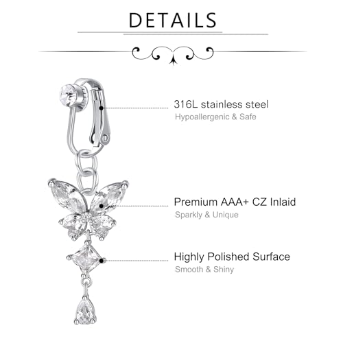 D.Bella Fake Belly Ring Fake Belly Piercing Clip on Belly Button Rings Surgical Steel Fake Belly Button Ring Fake Earrings Diamond Snake Dangle Non Piercing Fake Belly Piercing Jewelry3