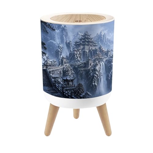 JBNJANKDAV Small Trash Can with Lid Snowy Mountain Temple Ancient